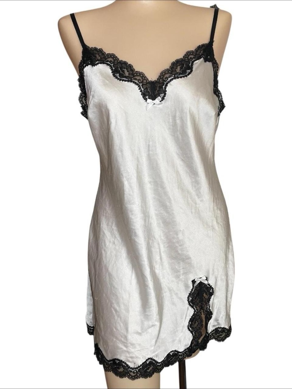 2000s Victoria's Secret White Satin Slip with Black Lace Trim